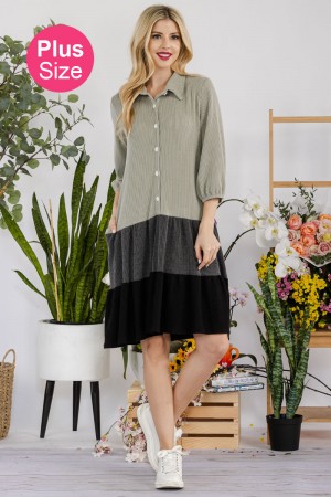 CD43880A-PL<br/>PLUS RIB BUTTONED FRONT TIERED SHIRT DRESS