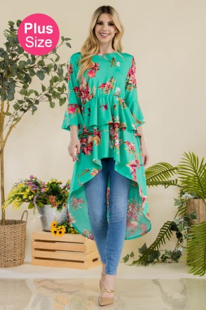 CT43884-PL<br/>FLORAL HI-LOW TUNIC WITH LAYERED SLEEVES