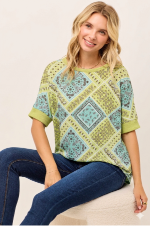 CT91201D-PL<br/>Women’s Paisley Patchwork Top – Short Sleeve | Made in USA