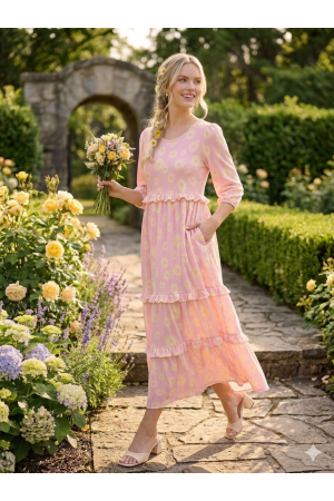 MD13256-PL<br/>Women’s Daisy Waffle Knit Modest Dress – 3/4 Sleeve | Side Pockets