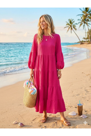 MD13257-PL<br/>Plus Women’s Modest Tiered Maxi Dress – Solid Colors | Made in USA