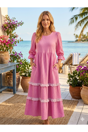 MD13260<br/>Women’s Textured Tiered Modest Dress – 3/4 Sleeve | Side Pockets