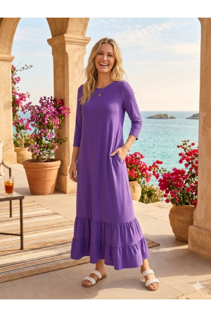 MD23234<br/>Women’s Modest 3/4 Sleeve Tiered Maxi Dress – Wrinkle-Free Fabric