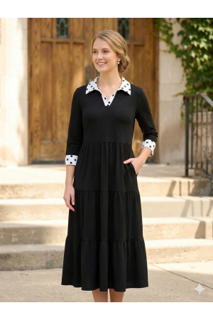 MD43965C-PL<br/>Plus Contrast Tiered Modest Dress with Collar