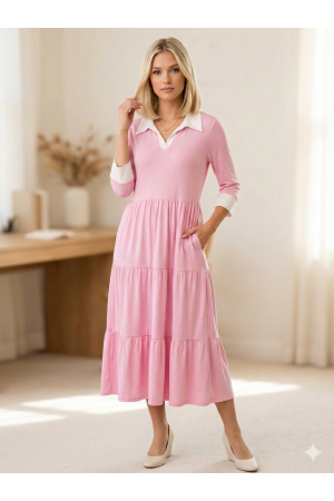 MD43965C<br/>Contrast Tiered Modest Dress with Collar