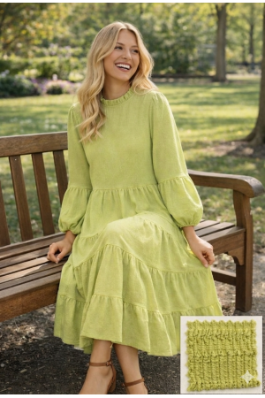 MD43966B-PL<br/>Plus Textured Modest Tiered Maxi Dress with Long Sleeves