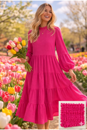 MD43966B<br/>Textured Modest Tiered Maxi Dress with Long Sleeves